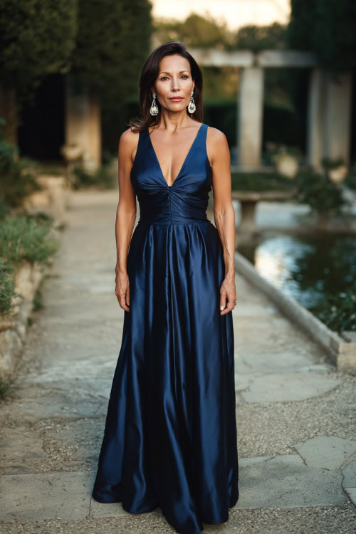 A woman over 50 wearing a floor-length navy blue satin gown with a structured bodice and statement silver earrings, standing in a grand garden venue at sunset