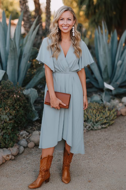 a woman wears a blue wrap wedding guest dress and brown cowboy boots