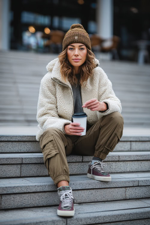 Cozy outfit of a woman wearing a sherpa jacket, jogger pants, knit beanie, and sneakers, sitting on outdoor cafeÌ steps with a coffee cup