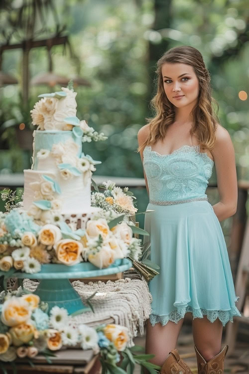 A woman wears a turquoise mini bridesmaid dress