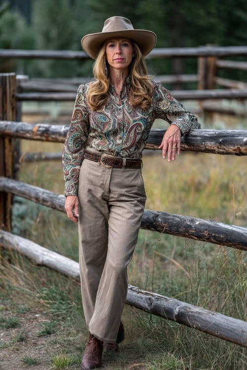 A woman over 40 in tailored trousers, tucked-in paisley blouse, and pointed cowboy boots, accessorized with a leather belt and wide-brim hat near a rustic fence