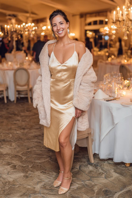 A woman wears a golden satin slip dress layered with a soft beige shawl, styled with strappy heels and pearl earrings, posing at an indoor wedding reception with candles and chandeliers