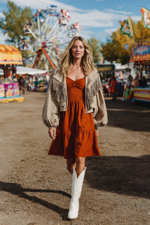 A woman wears a rust-orange boho midi dress with balloon sleeves, paired with tall white cowboy boots and a suede fringe jacket