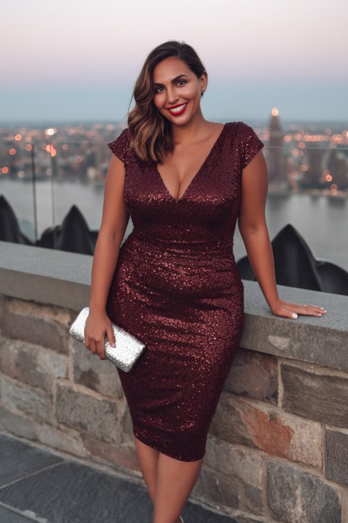 A plus-size woman wears a maroon sequin cocktail dress with cap sleeves and a fitted silhouette