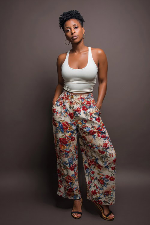 A Black woman in a white fitted tank top and high-waisted wide-leg printed pants with wedge heels, styled for a bold yet casual summer night