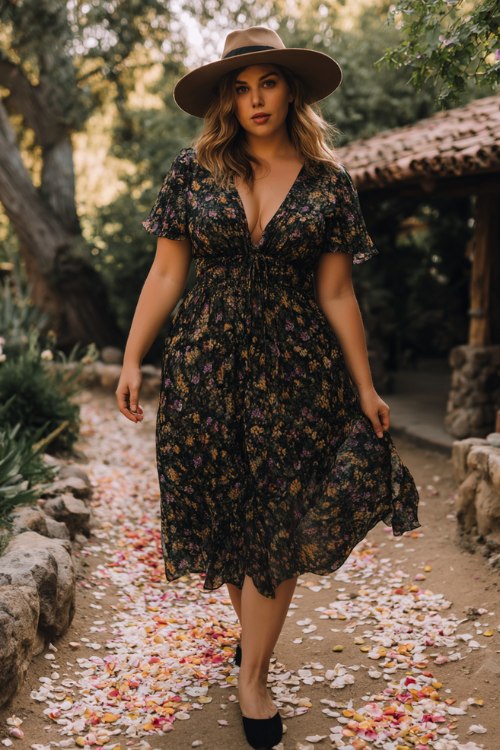 A plus-size woman wears a dark floral midi dress with flutter sleeves and a smocked waist, styled with black suede heels and a wide-brimmed hat