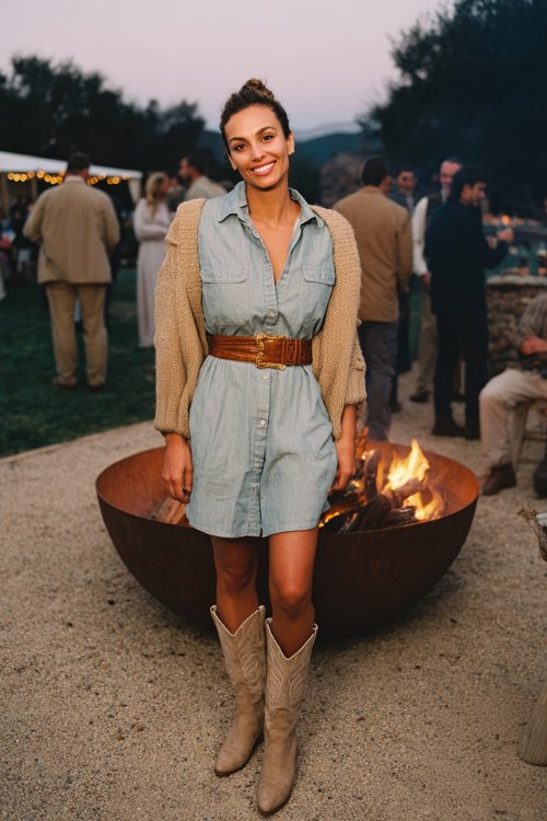 A woman in a chambray shirt dress cinched with a brown leather belt, paired with light suede cowboy boots and a beige knit cardigan