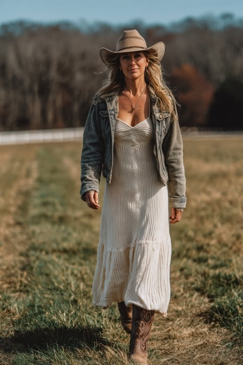 A woman over 40 in a cream knit maxi dress paired with a denim jacket, cowboy boots, and a wide-brim hat, walking through a fall field concert
