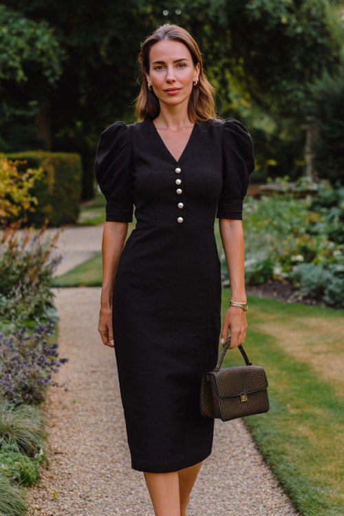 A woman wears a classic black midi dress with puff sleeves and pearl buttons, paired with block heels