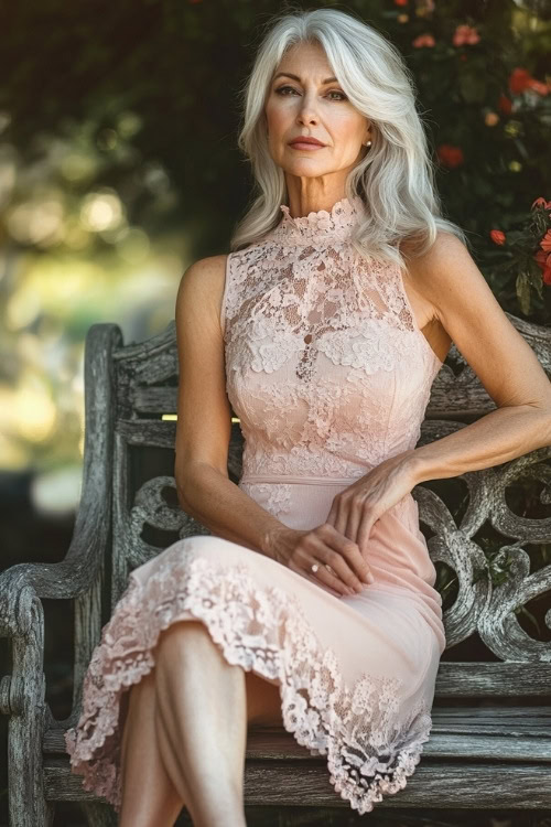 A fashionable woman over 50 in a blush pink sleeveless knee-length dress with a scalloped hemline, lace embroidery, and a ruched bodice