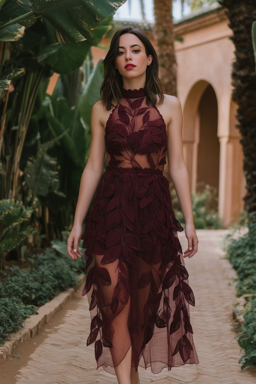 A petite woman in a high-neck burgundy mesh-overlay dress with layered embroidery shaped like swirling leaves