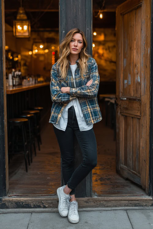 A woman wearing black skinny jeans, a plaid flannel shirt layered with a denim jacket, and white sneakers, leaning against the entrance of a casual autumn bar