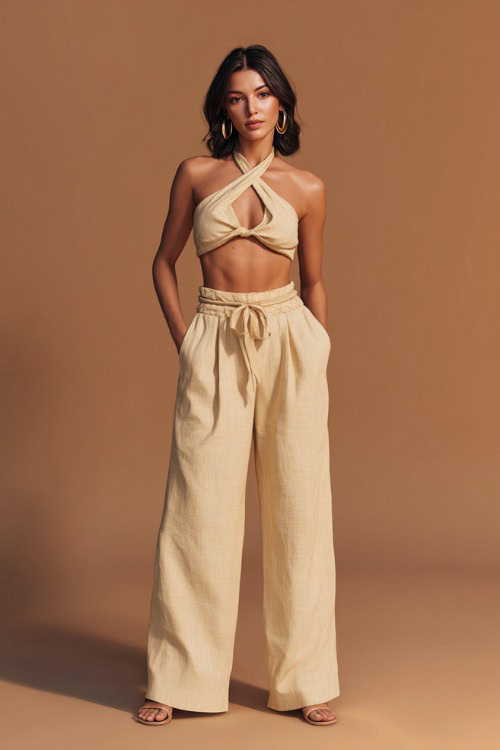 A woman in a matching linen two-piece set with a crop top and wide-leg pants, accessorized with hoop earrings and sandals, ideal for a relaxed summer night look