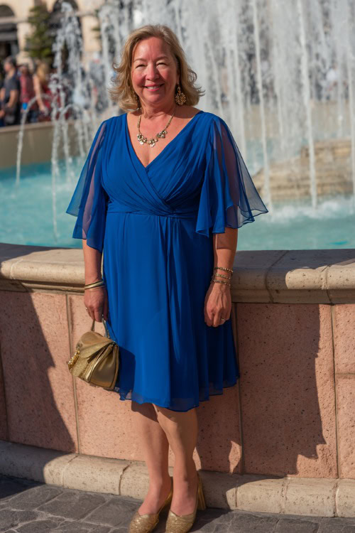 A plus-size woman over 50 wearing a royal blue knee-length dress with sheer flutter sleeves and gold accessories, standing near a decorated wedding fountain