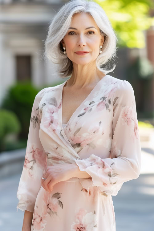 a woman over 50 wears a floral wedding guest dress