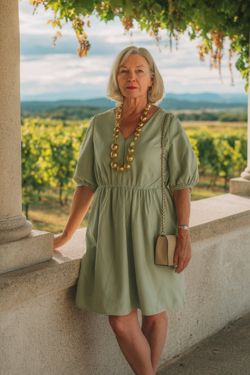 A woman over 60 wearing a soft green A-line dress with short puff sleeves and gold accessories, standing on a terrace with vineyard views and summer sun