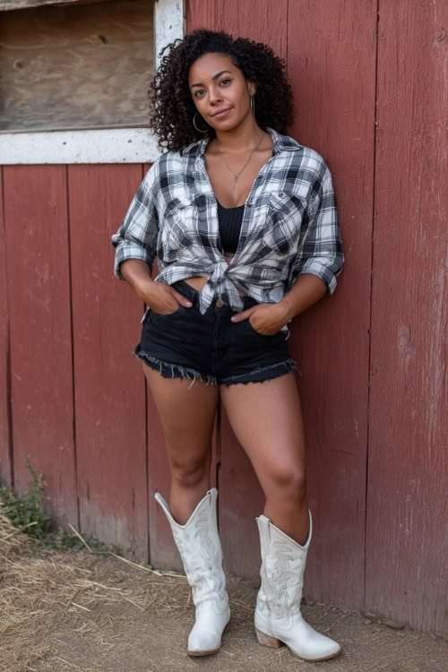 A curvy woman wears frayed black shorts with white tall cowboy boots and an oversized plaid shirt tied at the waist