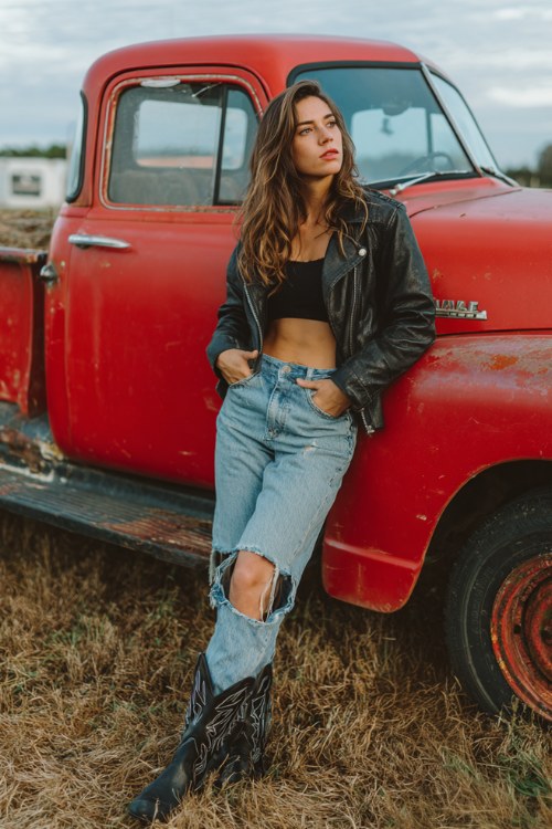 A woman wears ripped blue jeans, black cowboy boots, and a cropped leather jacket