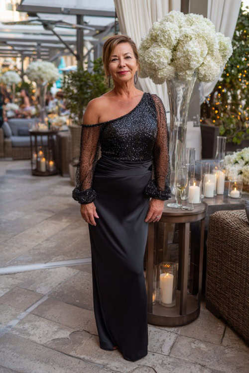 A woman over 50 in a sleek black cocktail dress with sheer sleeves and sequin accents, standing on a patio with white floral arrangements and candlelit deÌcor