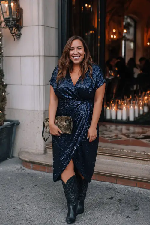 A plus size woman wears a navy sequin wrap dress with black cowboy boots and a velvet clutch