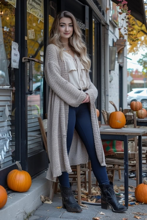 a woman wears navy leggings, black cowboy boots and a long cardigan