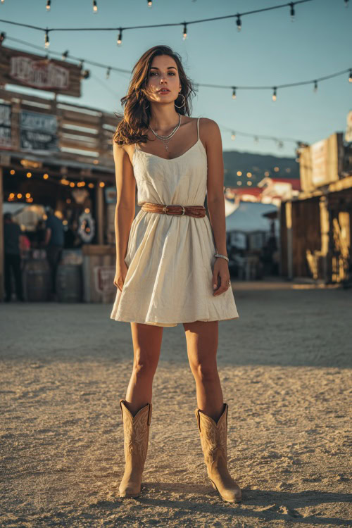 A woman in a sleeveless A-line cotton dress with a belted waist, styled with tan western boots and subtle jewelry