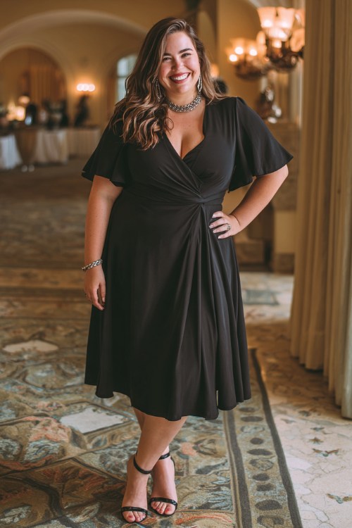 A plus-size woman wears a black A-line midi dress with a wrap waist and flutter sleeves, styled with silver jewelry and slingback heels