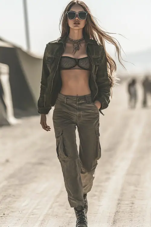 A trendy woman in a cropped moto jacket over a mesh bralette and wide-leg cargo pants, paired with lace-up boots and oversized square sunglasses