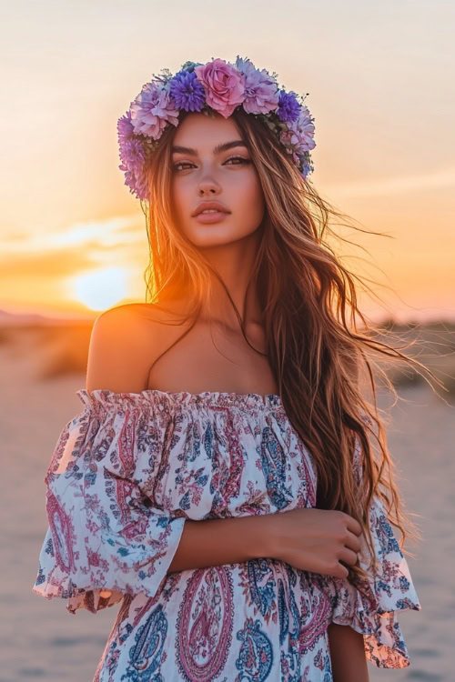 A boho-chic woman in a loose off-the-shoulder maxi with paisley prints and a pink and lavender flower crown, posing at sunset with a soft desert background