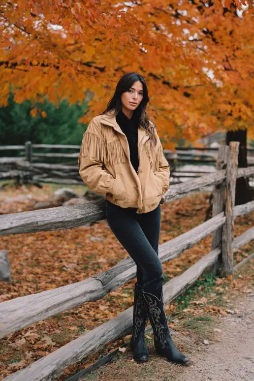 A woman over 30 wears cuffed jeans, black cowboy boots, and a tan fringe jacket (2)
