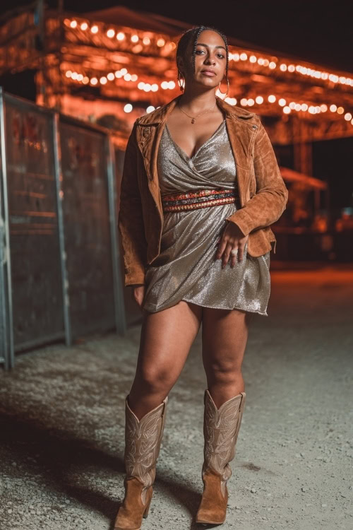 A plus size woman wears a metallic wrap dress with a western belt, styled with tall cowboy boots and a leather jacket, standing under glowing neon lights at a night concert stage