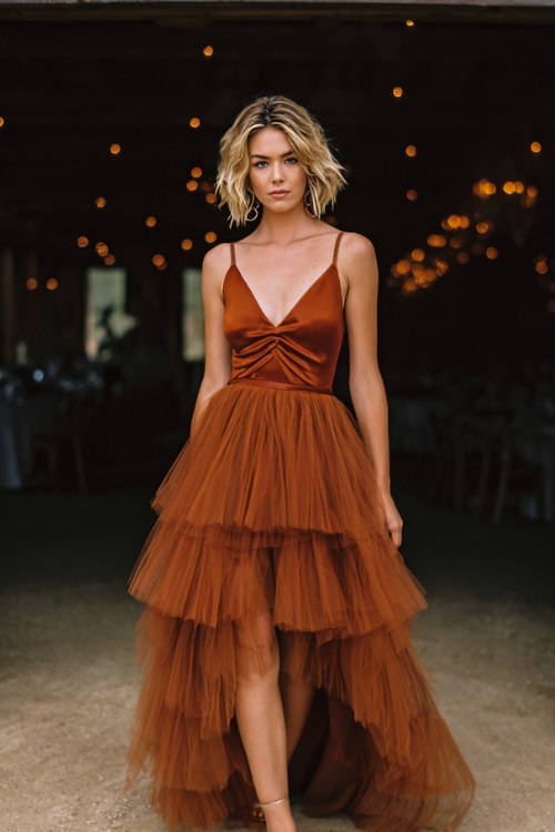 A woman wears a layered tulle skirt dress in burnt orange with a fitted satin bodice
