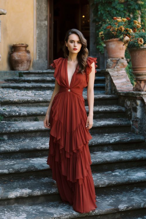 A woman wears a rosewood chiffon gown with tiered ruffles and a plunging neckline