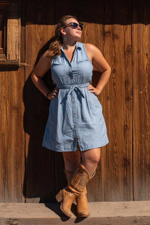 A plus-size woman in a sleeveless button-down midi dress with a cinched waist, paired with tan cowgirl boots and oversized sunglasses