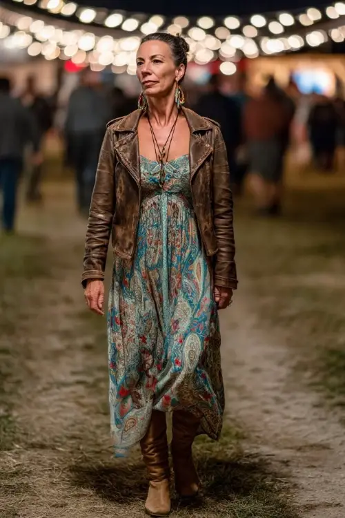 A woman over 40 wears a bohemian paisley maxi dress layered with a cropped leather jacket, suede boots, and statement earrings under string lights at a country concert