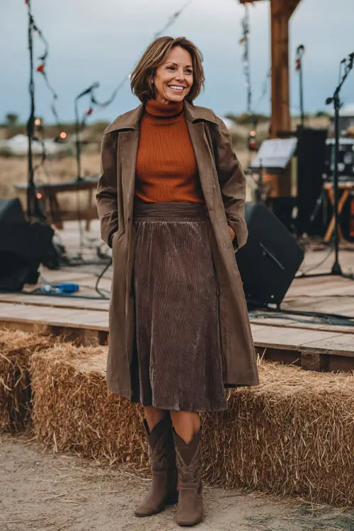 A woman over 50 wears a velvet midi skirt with a knit turtleneck sweater, paired with suede cowboy boots and a long trench coat