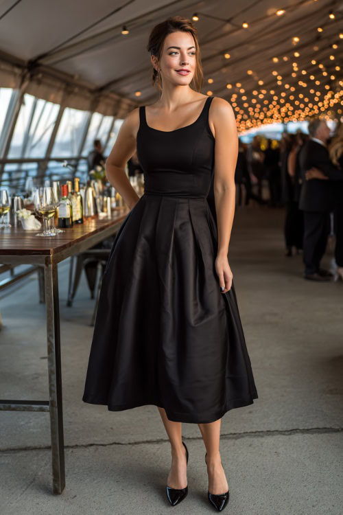 A woman in a black sleeveless fit-and-flare midi dress with a structured bodice and patent heels, posing under a string-lit canopy at an upscale wedding reception