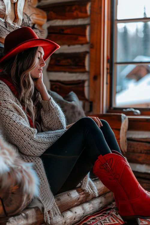 A woman wears red cowboy boots with a cardigan, skinny jeans and red cowboy boots