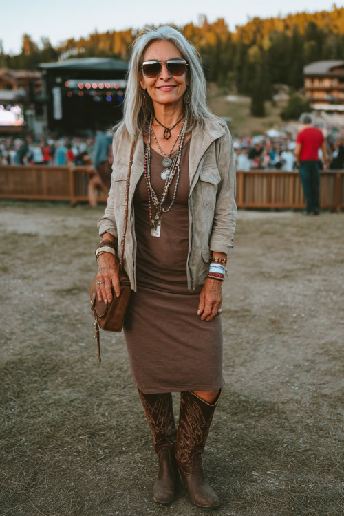 A woman over 50 wears a long sleeve midi dress with a suede jacket, tall cowboy boots, and layered necklaces, styled with a crossbody leather bag at a fall country concert