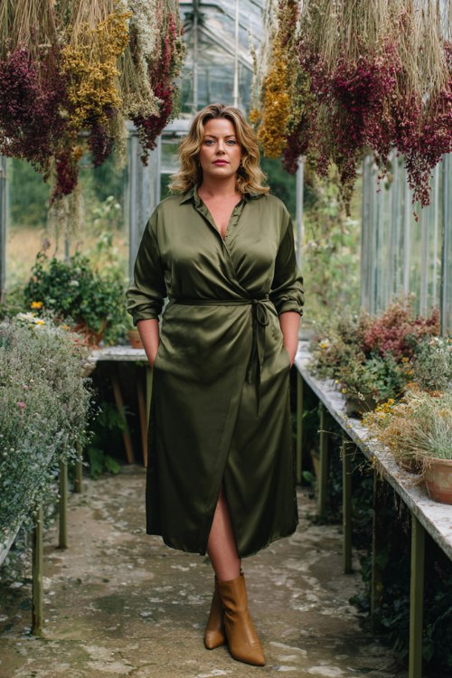 A plus-size woman over 50 wears a deep moss satin shirt-dress midi with an obi-style wrap belt and side slit