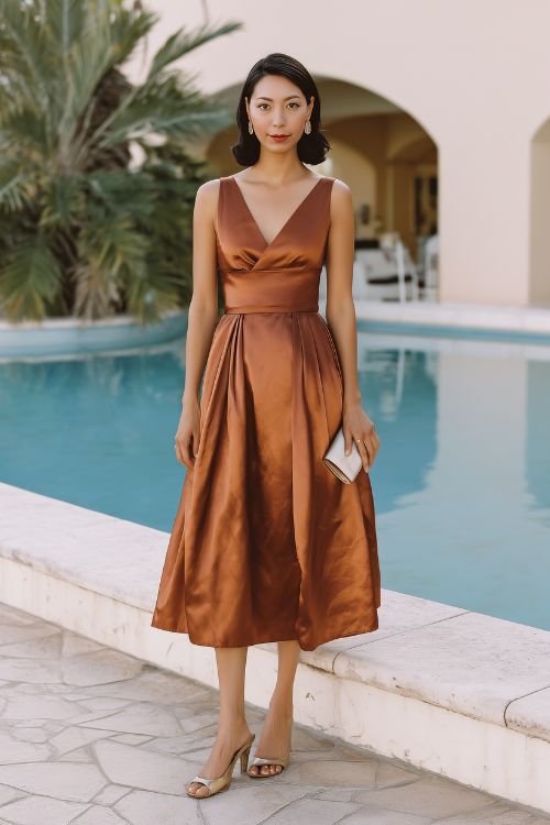 A woman over 50 wears a bronze tea-length dress with pleats and a V-neckline, paired with heeled mules and a minimalist clutch for a semi-formal hotel wedding