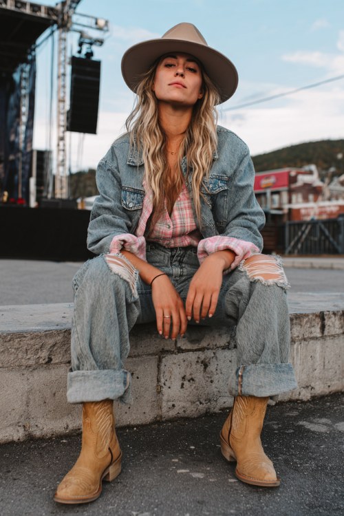 A woman wears distressed jeans with a pastel flannel and a denim jacket layered over, styled with tan cowboy boots and a wide-brim hat
