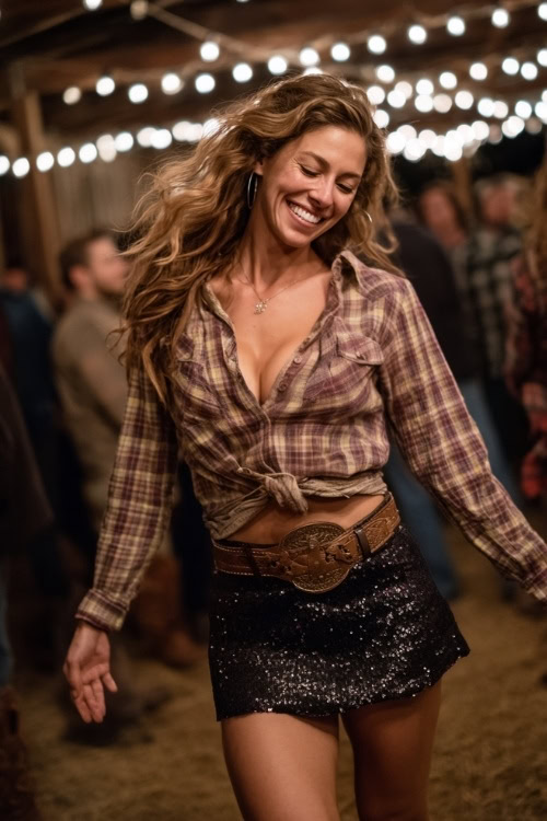 A woman wears a sequin mini skirt with a plaid button-down shirt tucked in, styled with cowboy boots and a leather belt, dancing under string lights at a rustic barn concert