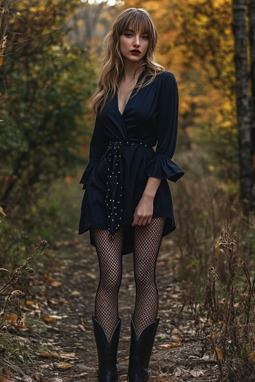 A woman wears a navy mini dress, fishnet tights, and black cowboy boots