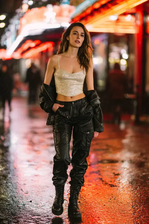 A woman wears a sequin cami top under a leather moto jacket with black coated jeans and combat boots