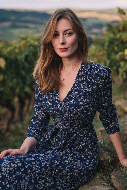 A woman wears a navy blue floral print midi dress with a smocked waist, styled with wedge sandals and a lightweight cardigan, posing in a countryside vineyard wedding in November