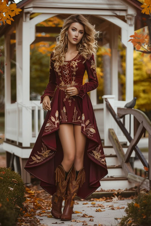a woman wears a high low burgundy dress with brown cowboy boots
