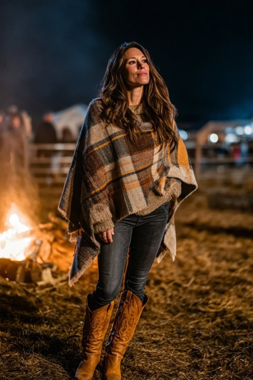 A woman wears a plaid poncho draped over a fitted sweater and skinny jeans, styled with suede cowboy boots, standing by a bonfire at a chilly country night concert
