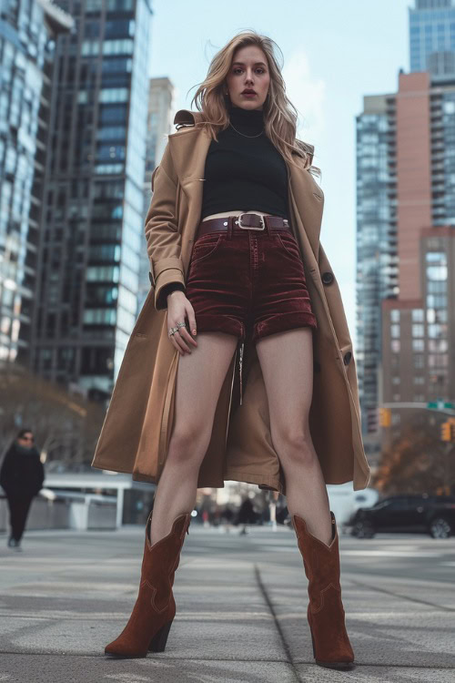 A woman wears suede cowboy boots with suede