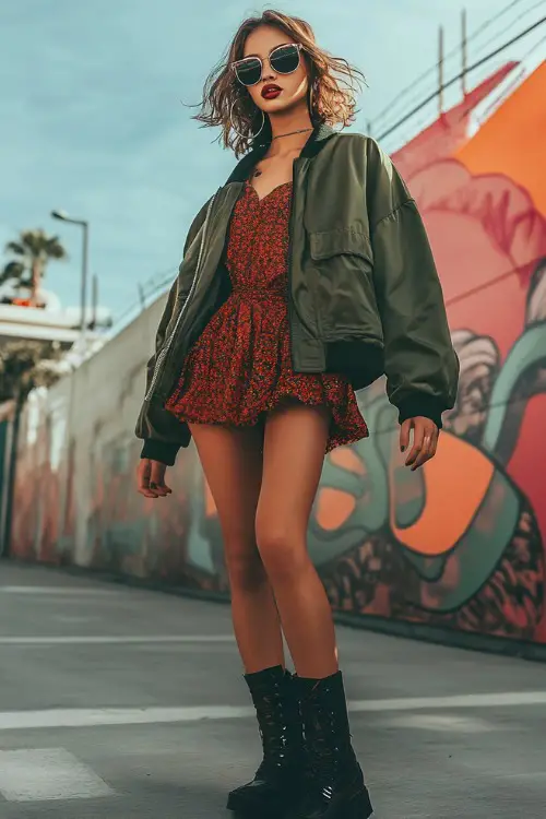 A street style look with an oversized bomber jacket over a mini dress and combat boots, styled with bold sunglasses and hoop earrings, walking near festival art
